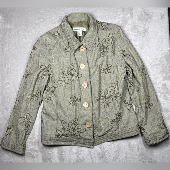 Requirements Jackets & Blazers - Vintage 90s Requirements Linen Cotton Blend Green Floral Embroidered Jacket XL